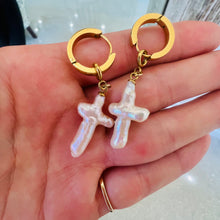 Load image into Gallery viewer, Pearl Cross Huggies earrings
